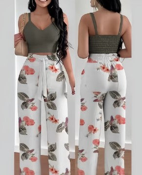 Damen Zweiteiliges Set aus floralem Oberteil und weiten Hosen R&B