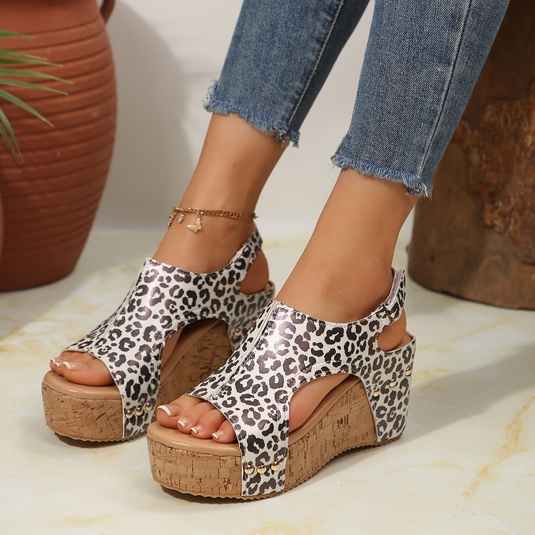 Damen Wedge-Sandalen mit leopardfarbenem Design und Kork-Kreativsohle R&B