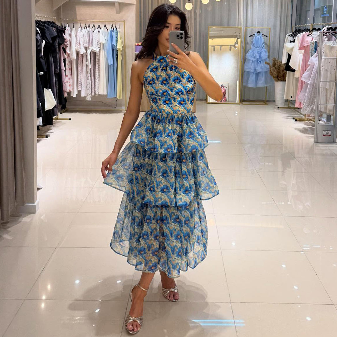 Damen Maxikleid mit transparenten Schichten und floralem Design R&B