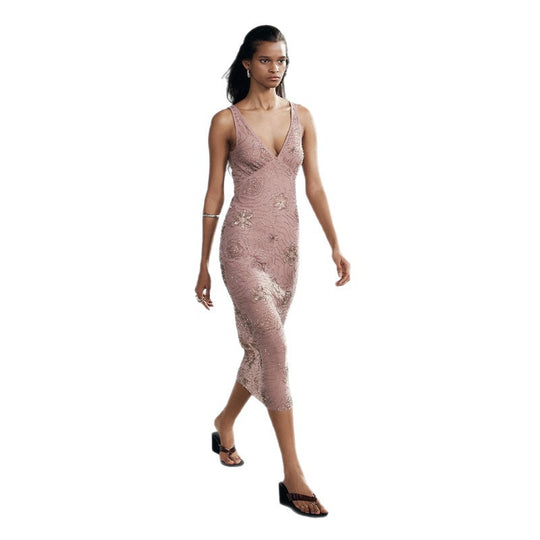 Damen Elegantes Glitzer-Maxikleid mit V-Ausschnitt und floralen Applikationen R&B