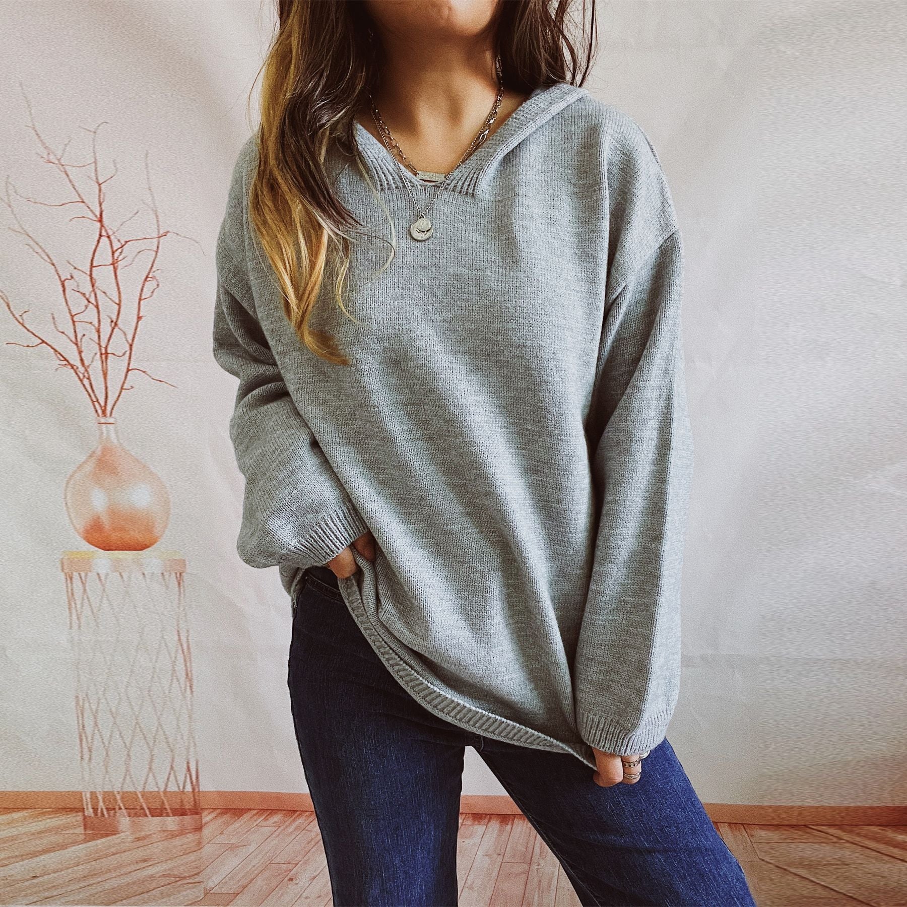 Damen lässiger Strickpullover mit Kapuze und weiten Ärmeln R&B
