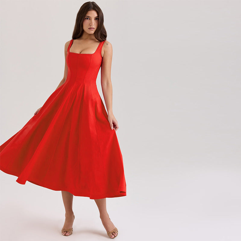 Damen A-Linien Kleid mit quadratischem Ausschnitt und schmalen Trägern R&B
