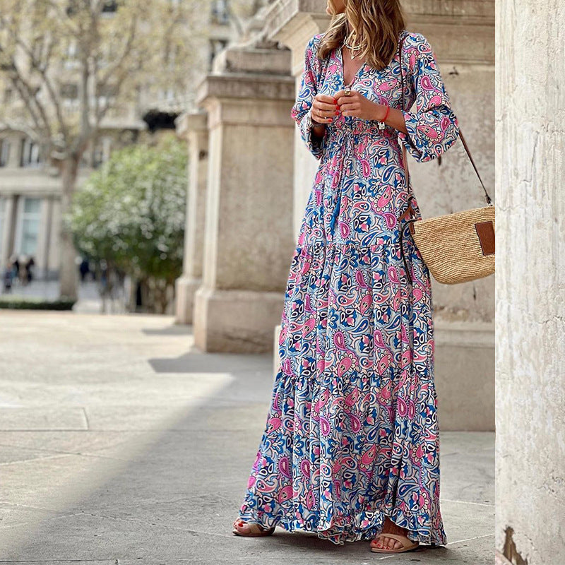 Damen Maxikleid mit floralen Mustern und voluminösen Ärmeln R&B