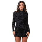 Damen nan figurbetontes Mesh-Minikleid mit floraler Samtflock-Verzierung, hohem Stehkragen und seitlicher Raffung R&B