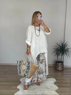 Damen Relaxed Fit Leinen Tunika Top R&B