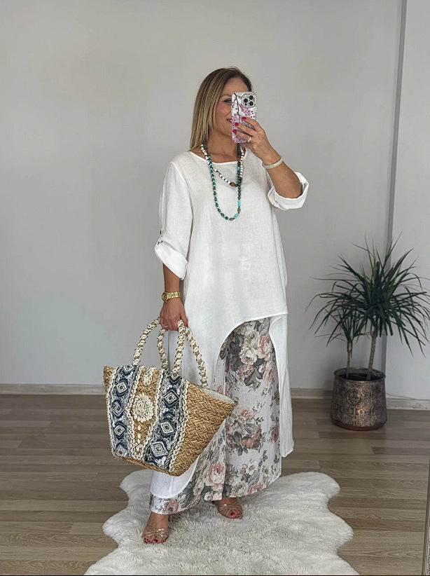 Damen Relaxed Fit Leinen Tunika Top R&B