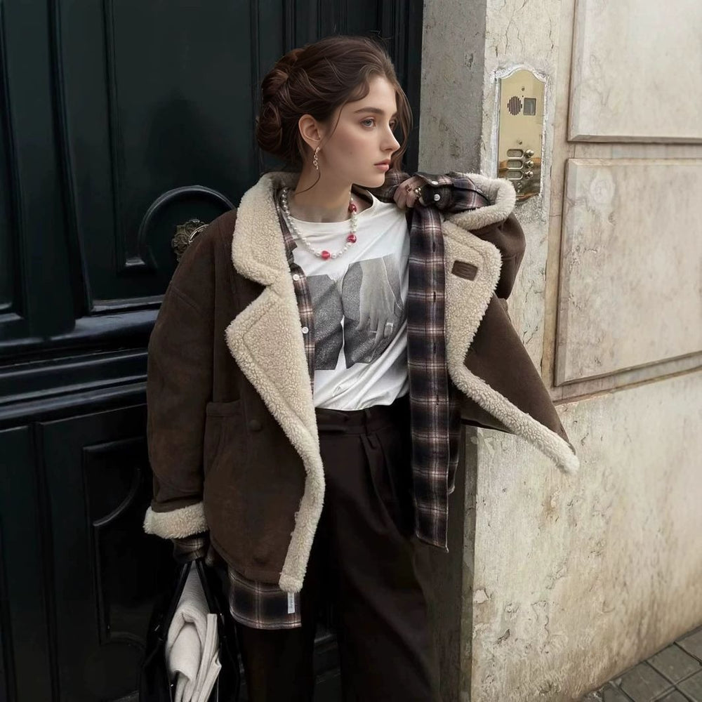 Damen kuschelige Wildlederjacke mit weichem Futter und breitem Kragen R&B