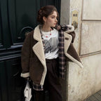 Damen kuschelige Wildlederjacke mit weichem Futter und breitem Kragen R&B