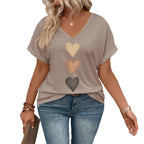 Damen lässiges V-Ausschnitt T-Shirt mit Herz-Zierdruck R&B