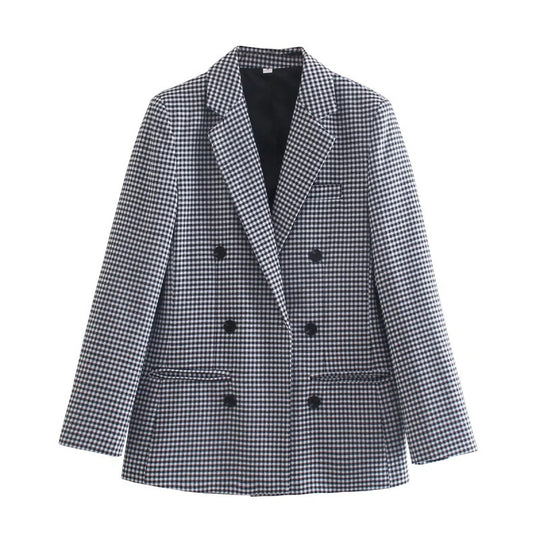 Damen kariertes Blazerjacke mit doppelter Knopfreihe und idealem Schnitt R&B