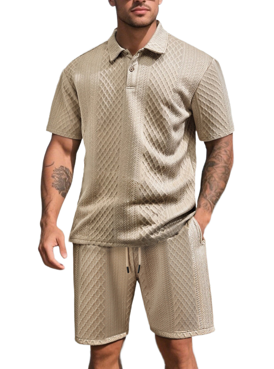 Herren nan dreidimensionales Relief-Freizeit-Set mit Polokragen, verdeckter Knopfleiste und elastischer Tunnelzugshorts R&B