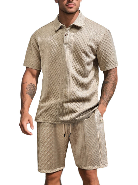 Herren nan dreidimensionales Relief-Freizeit-Set mit Polokragen, verdeckter Knopfleiste und elastischer Tunnelzugshorts R&B