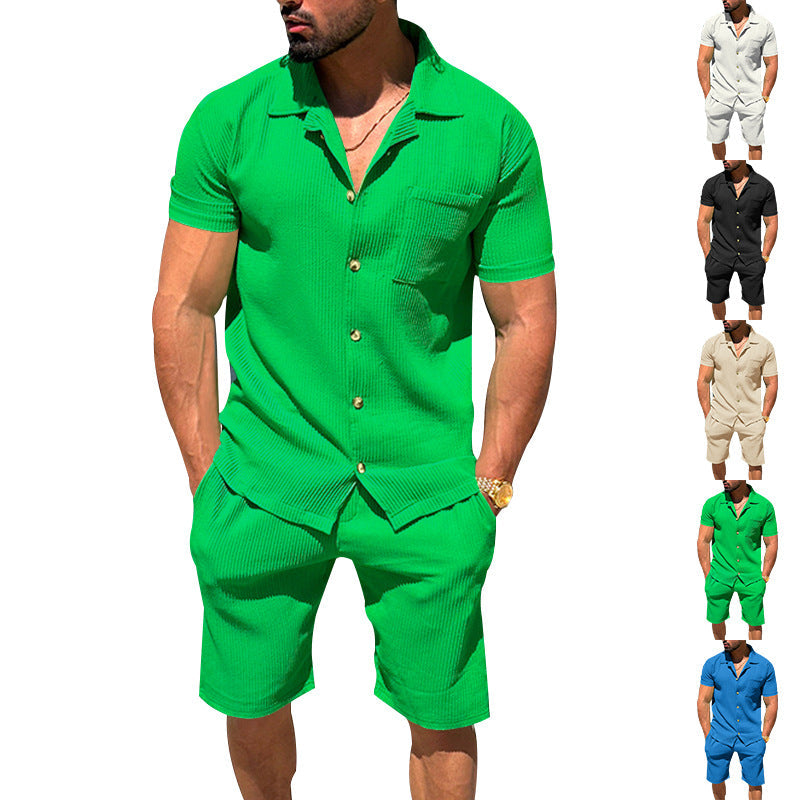 Herren nan lässiges zweiteiliges Freizeitset aus geripptem Jersey mit Hemdkragen Knopfleiste und Shorts R&B
