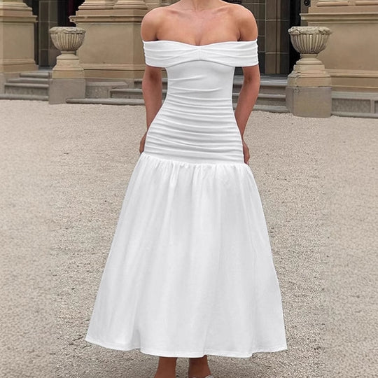 Damen Hochwertiges Off-Shoulder Maxikleid mit tailliertem Schnitt und fließendem Rock R&B