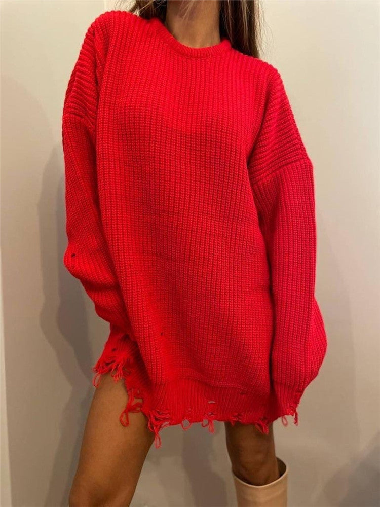 Damen lässiger Langpullover mit strukturiertem Rippdesign und offenen Säumen R&B