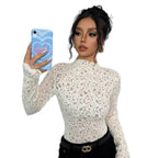 Damen Transparente Spitze Bodysuit mit hohem Kragen R&B