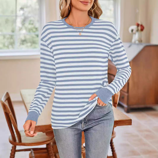 Damen bequemes Langarmshirt mit gestreiftem Design und Rundhalsausschnitt R&B