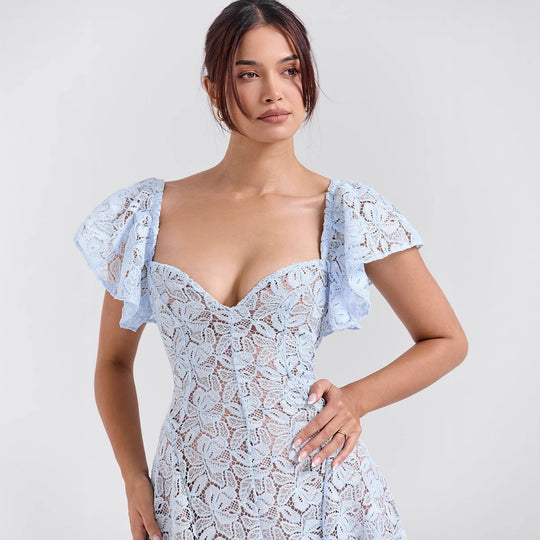 Damen Spitzenkleid mit voluminösen Rüschärmeln und ausgestelltem Rock R&B