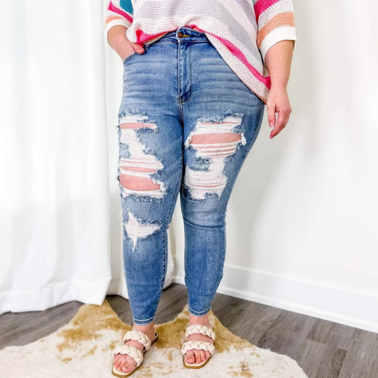 Damen Skinny Jeans mit modischem destroyed Look und elastischem Bund R&B
