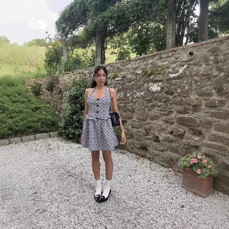Damen Freizeitkleid mit verspieltem Halterneck und floralem Karodesign R&B