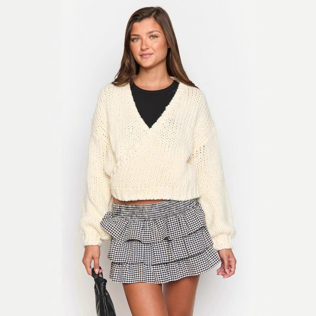 Damen kuscheliger Strickpullover mit modernem Wickeldesign R&B