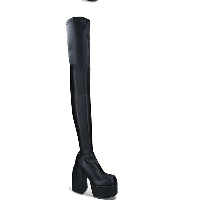 Damen Überknee-Stiefel mit klobigem Blockabsatz und elastischem Obermaterial R&B