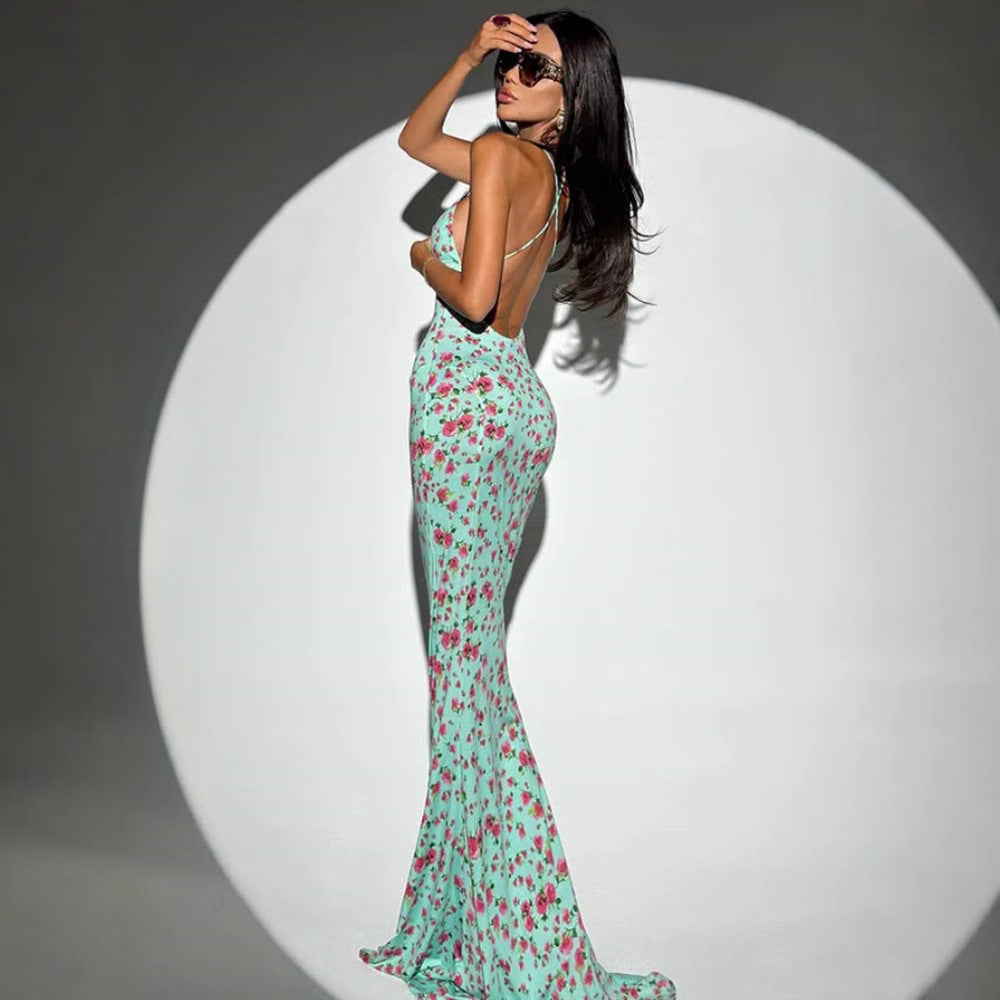 Damen figurbetontes Blumen-Maxikleid mit Spaghettiträgern und elegantem Schnitt R&B