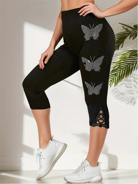 Damen Leggings mit verzierten Schmetterlings-Motiven und Spitze R&B