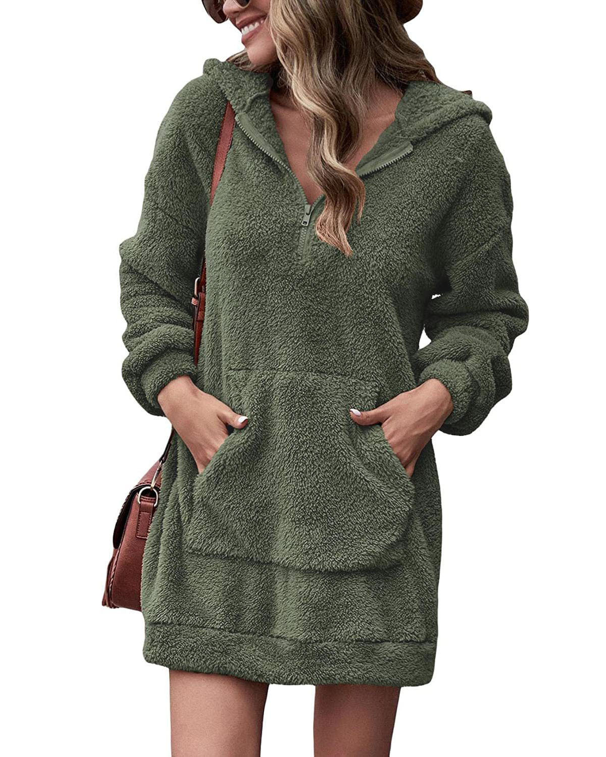Damen kuscheliges Fleece-Kleid mit Kapuze und Taschen R&B