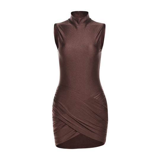 Damen figurbetontes Minikleid mit hochgeschlossenem Kragen und zeitlosem Drapierungsdesign R&B