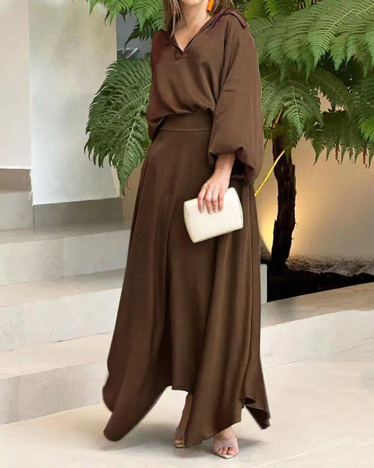 Damen Elegantes Wickelmaxikleid mit weit ausgestellten Ärmeln und V-Ausschnitt R&B