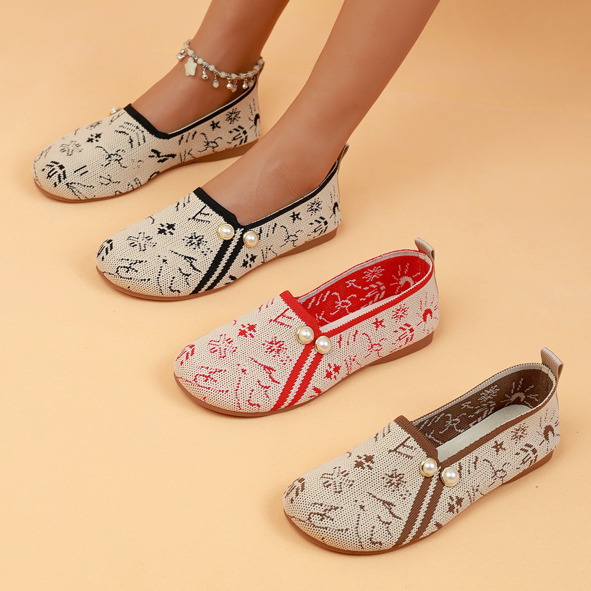 Damen Ballerinas mit modischem Ethno-Muster und dekorativen Perlen R&B