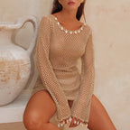 Damen Netzkleid mit weitem Ärmel und Muscheldekor R&B