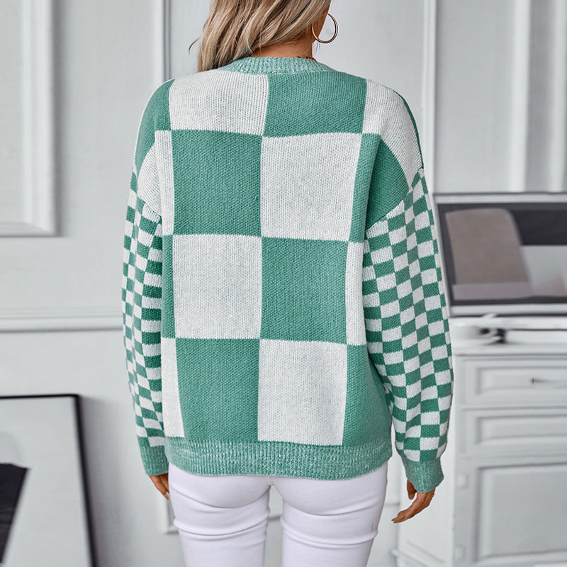 Damen modischer Pullover mit Karomuster und lässigem Schnitt