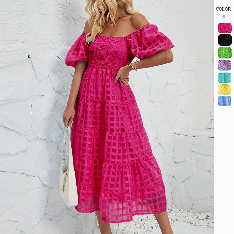 Damen Midi-Kleid mit Puffärmeln und elastischem Taillengürtel R&B