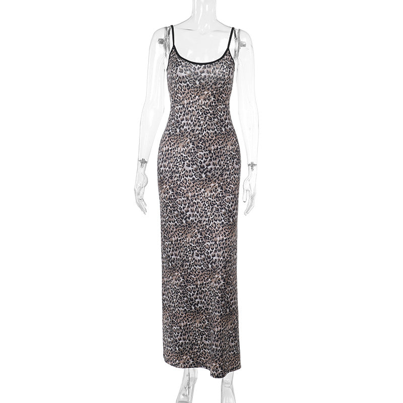Damen elegantes Maxikleid mit tierischem Muster und schmalen Trägern R&B