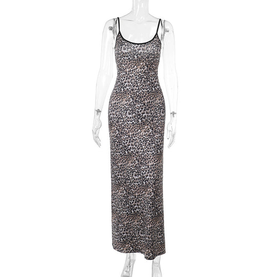 Damen elegantes Maxikleid mit tierischem Muster und schmalen Trägern R&B