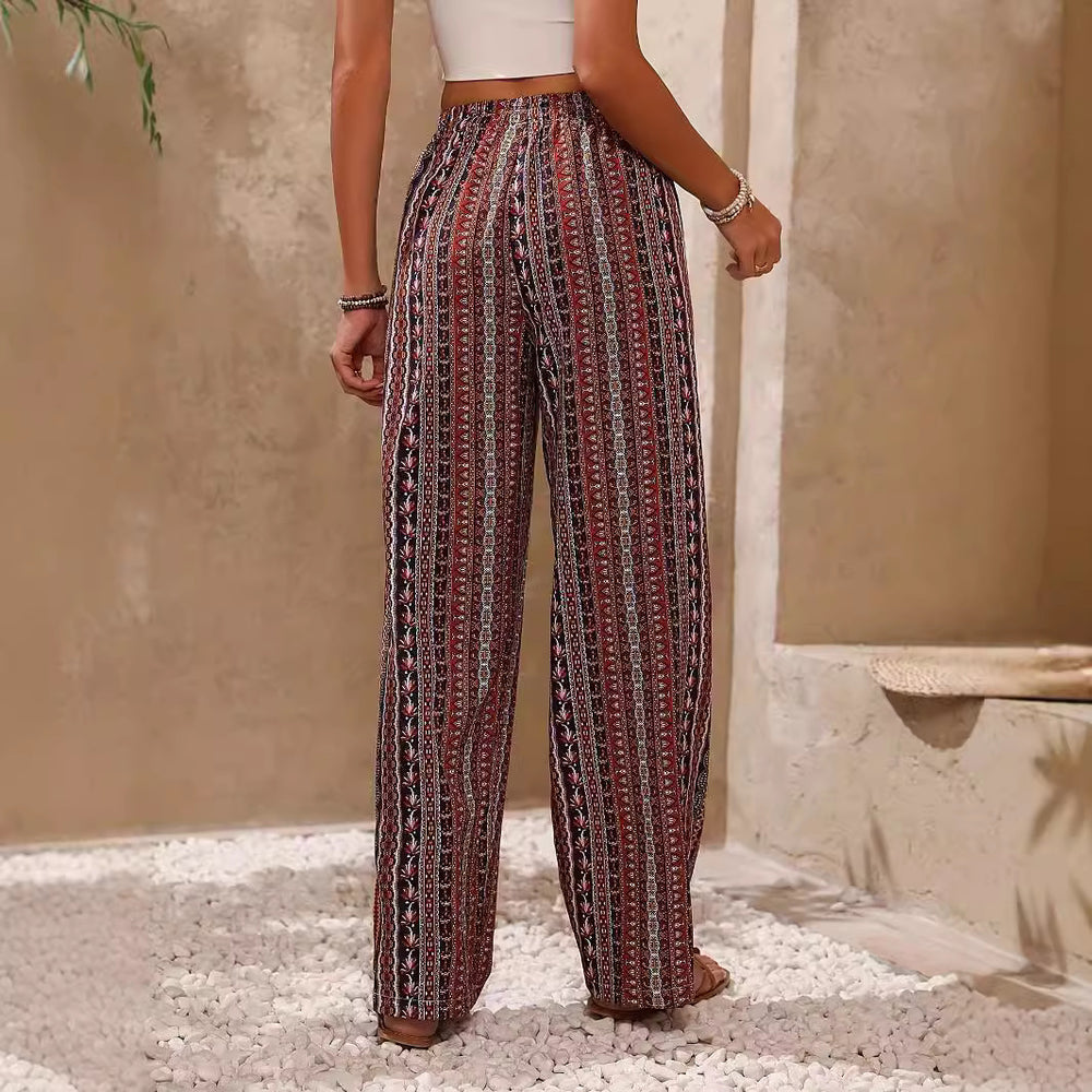Damen weite Palazzo-Hose mit buntem Ethno-Design und elastischem Bund R&B