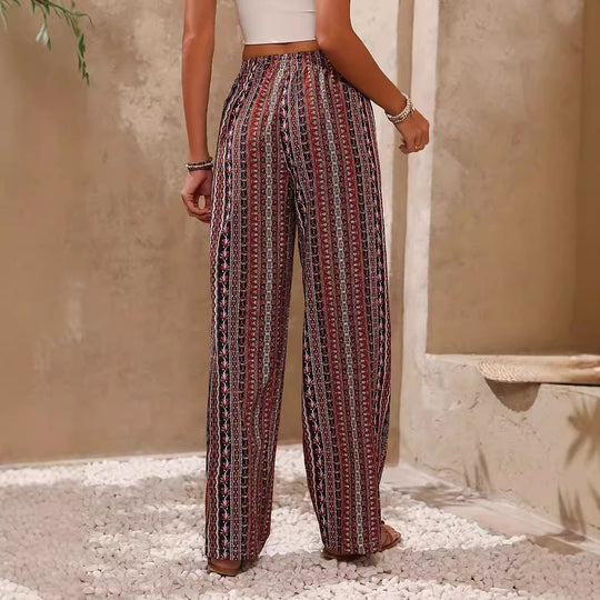Damen weite Palazzo-Hose mit buntem Ethno-Design und elastischem Bund R&B