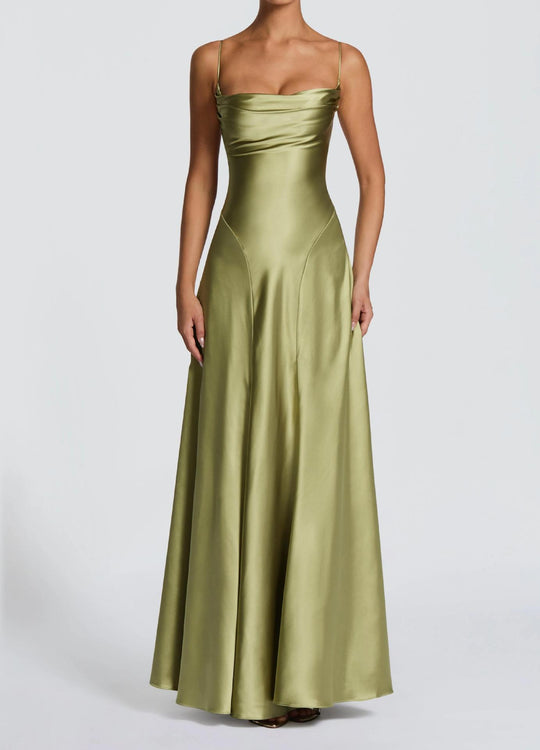 Damen Elegantes Maxi-Kleid mit fließendem Satin und verführerischem Spaghettiträger R&B