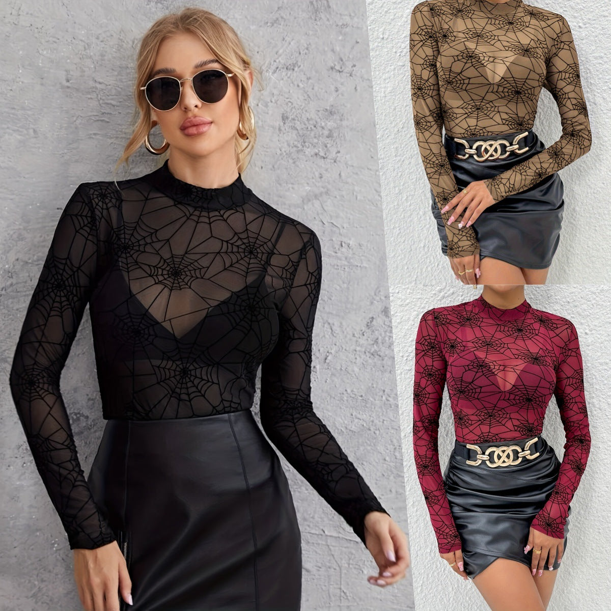 Damen Spitzen Langarmshirt mit Netzstruktur und Spinnenmuster R&B