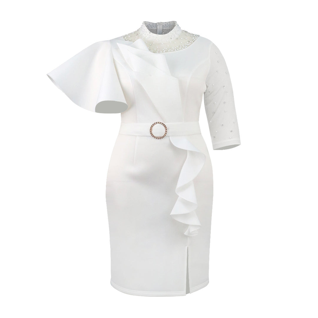 Damen Cocktailkleid mit asymmetrischem Rüschendesign und dekorativen Perlenakzenten R&B
