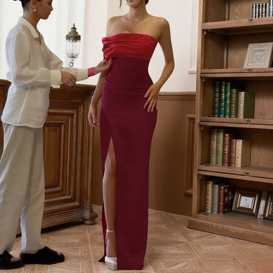 Damen schulterfreies Abendkleid mit elegantem Drapierungseffekt und hohem Schlitz R&B