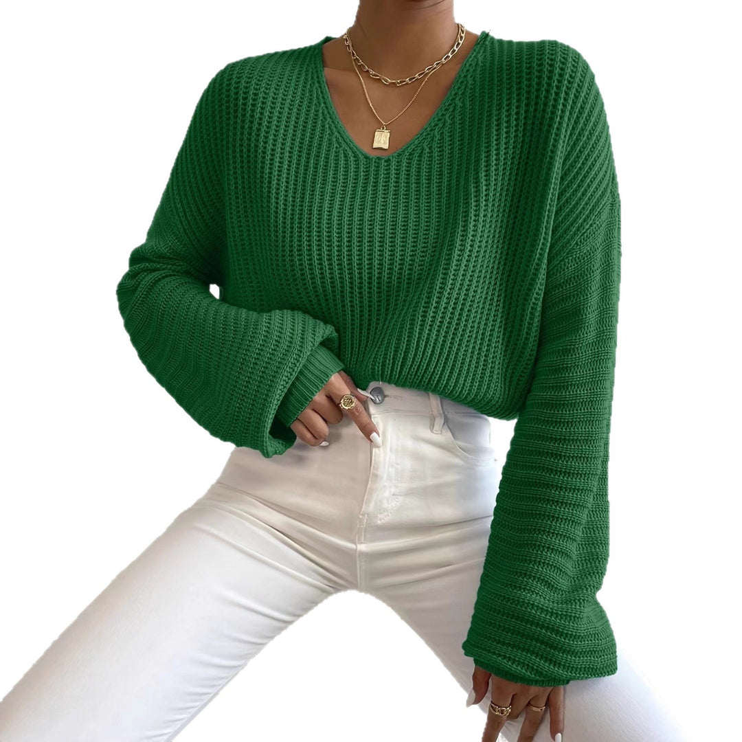 Damen lässiger Strickpullover mit weitem V-Ausschnitt und extra langen Ärmeln R&B