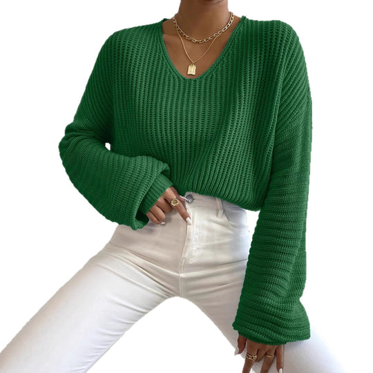 Damen lässiger Strickpullover mit weitem V-Ausschnitt und extra langen Ärmeln R&B