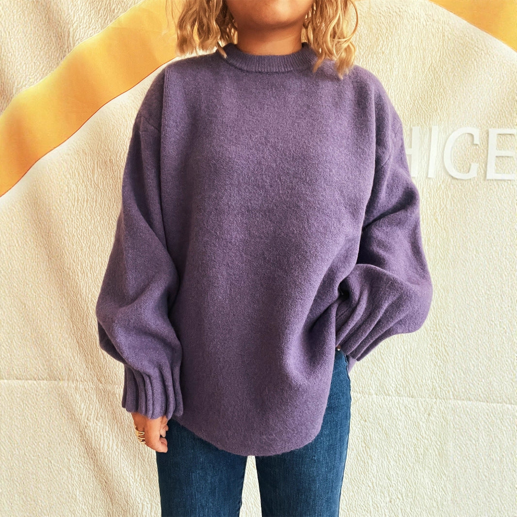 Damen lässiger Strickpullover mit weitem Rundhalsausschnitt und fluffiger Textur R&B