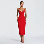 Damen Figurbetontes Midi-Kleid mit Herzausschnitt und verstellbaren Trägern R&B