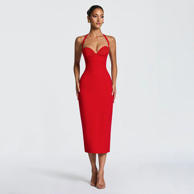 Damen Figurbetontes Midi-Kleid mit Herzausschnitt und verstellbaren Trägern R&B