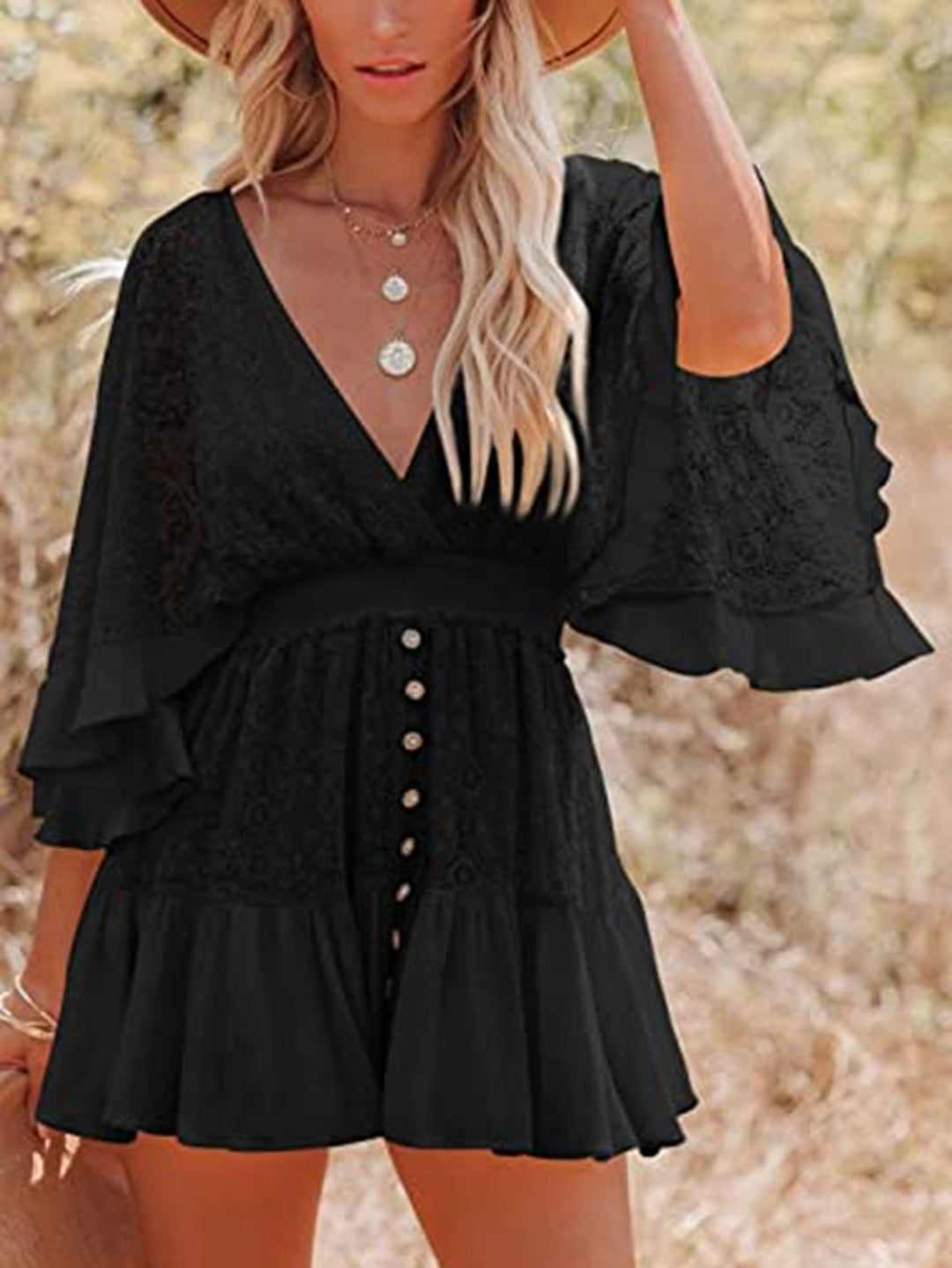 Damen Sommerliches Spitzenkleid mit weitem Schnitt und Knopfdetails R&B