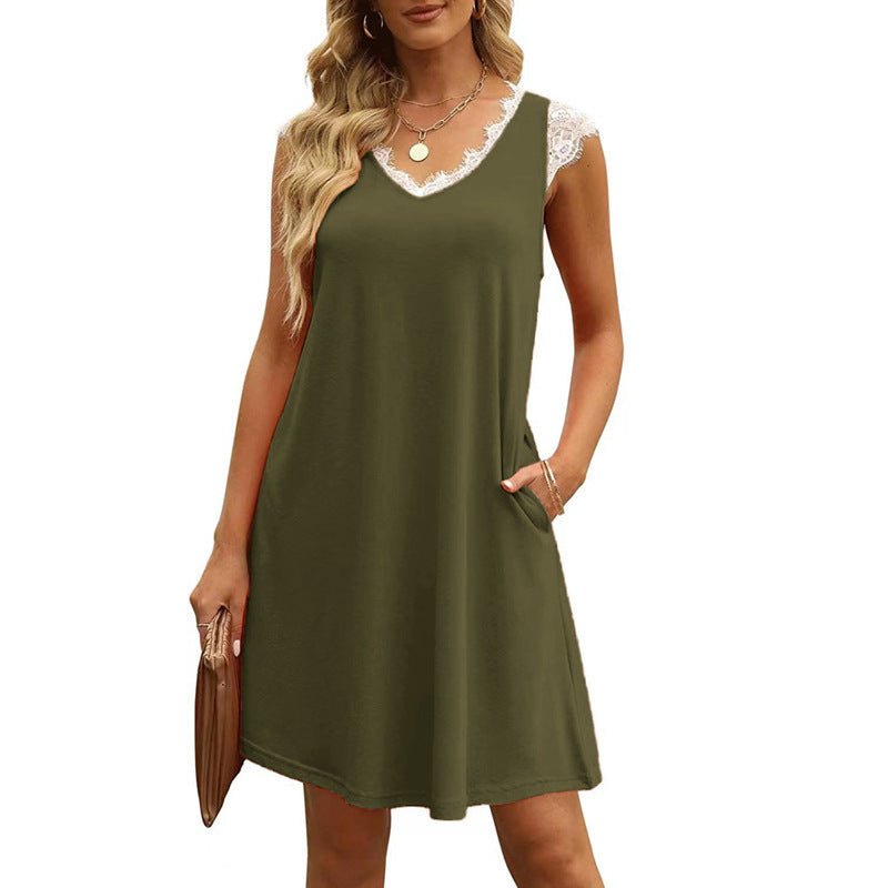 Damen ärmelloses Kleid mit Spitzendetail und seitlichen Taschen R&B